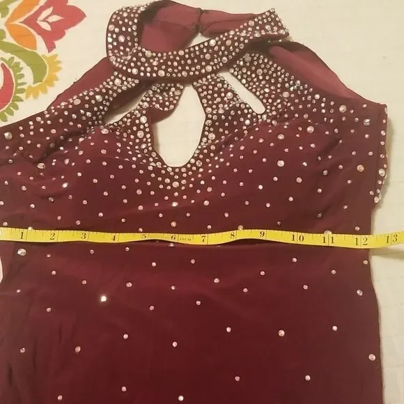 Morgan & Co. Burgundy Embellished Halter Maxi Dress | Low Back | Size 1/2 - Picture 9 of 10